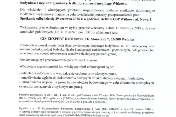 Starosta Gnieźnieński zaprasza na spotkanie informacyjne ws. modernizacji ewidencji gruntów w Witkowie