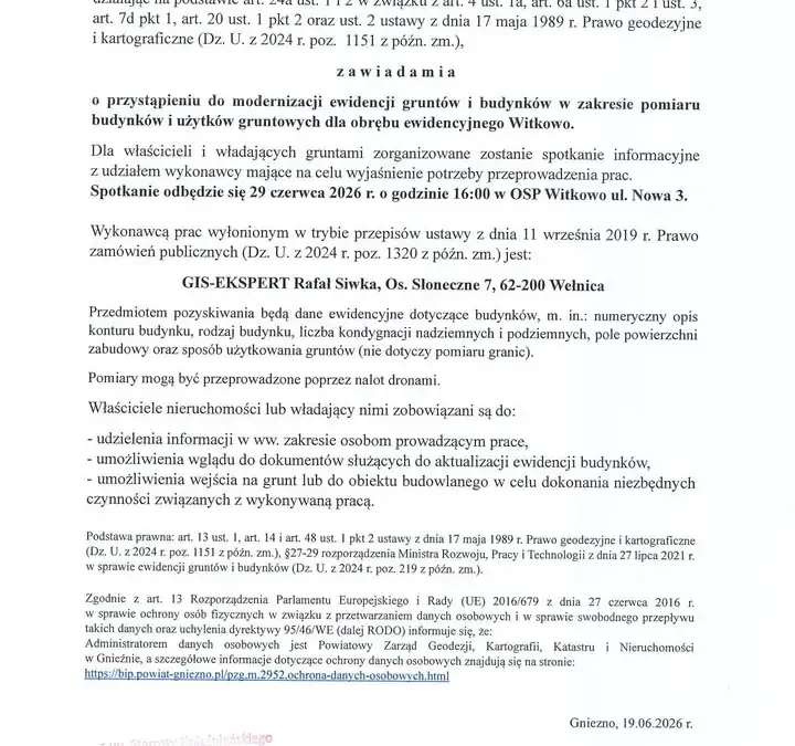 Starosta Gnieźnieński zaprasza na spotkanie informacyjne ws. modernizacji ewidencji gruntów w Witkowie
