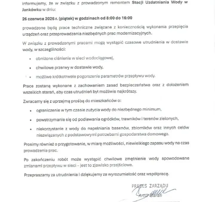 Utrudnienia w dostawie wody w gminie Gniezno 26 czerwca