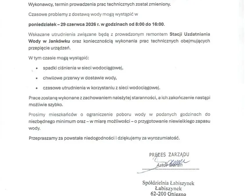 Utrudnienia w dostawie wody w gminie Gniezno 29 czerwca