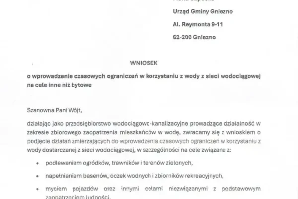 Spółdzielnia Łabiszynek wnioskuje o ograniczenie zużycia wody w gminie Gniezno