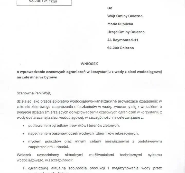 Spółdzielnia Łabiszynek wnioskuje o ograniczenie zużycia wody w gminie Gniezno