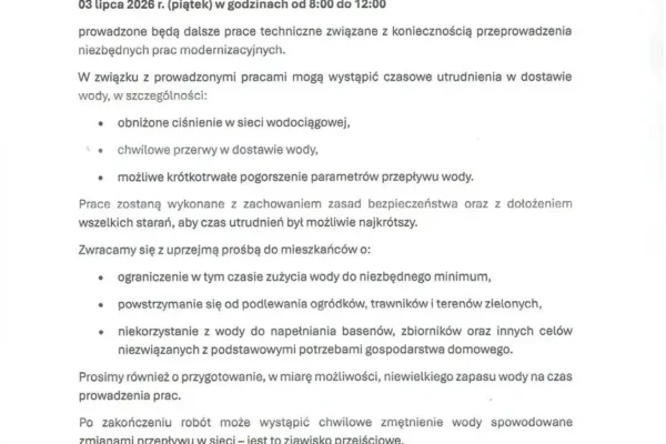 Utrudnienia w dostawie wody 3 lipca w pięciu miejscowościach gminy Gniezno