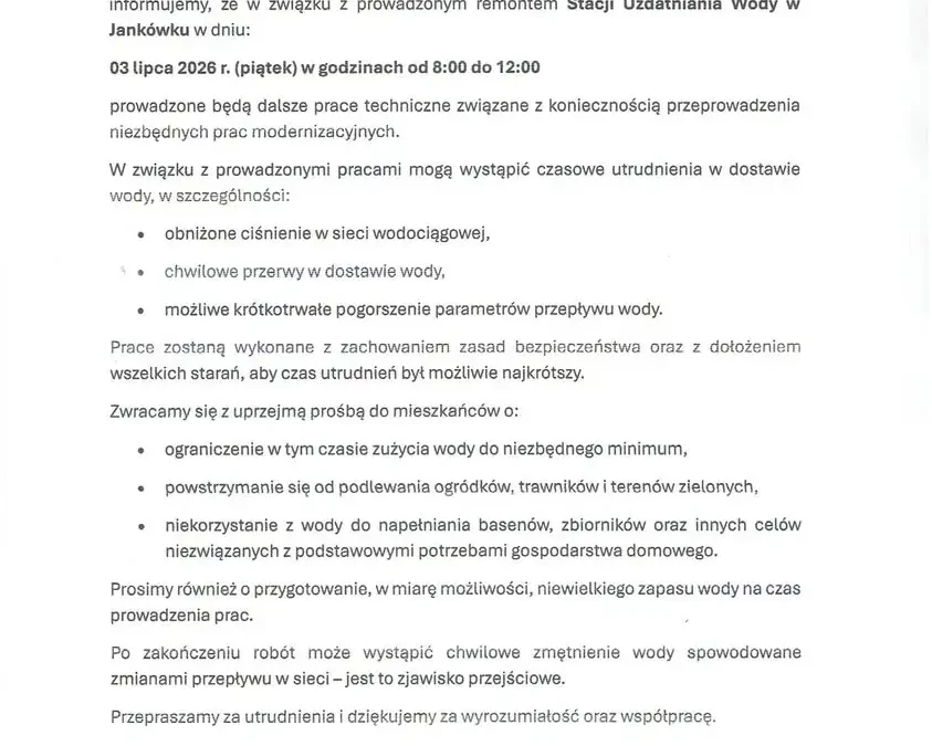 Utrudnienia w dostawie wody 3 lipca w pięciu miejscowościach gminy Gniezno