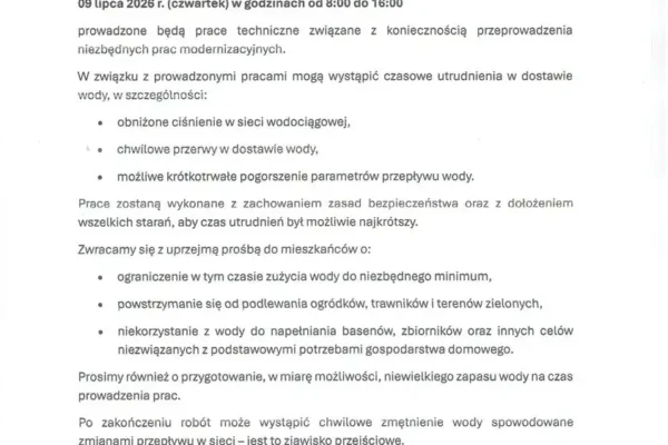 Utrudnienia w dostawie wody 9 lipca 2026 w gminie Gniezno