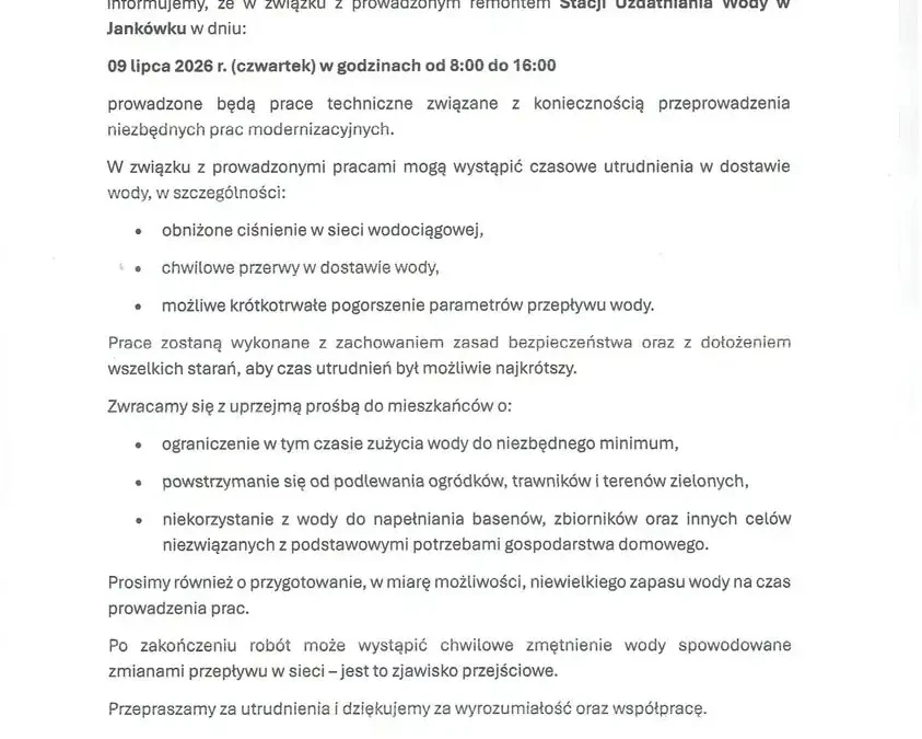 Utrudnienia w dostawie wody 9 lipca 2026 w gminie Gniezno