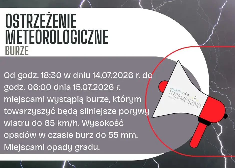Ostrzeżenie meteorologiczne: burze z gradem i silnym wiatrem w gminie Trzemeszno