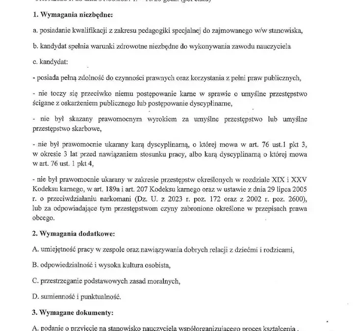 Nabór na nauczyciela wspomagającego w Szkole Podstawowej w Czerniejewie