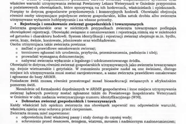 Powiatowy Lekarz Weterynarii w Gnieźnie przypomina o obowiązkach hodowców i właścicieli zwierząt