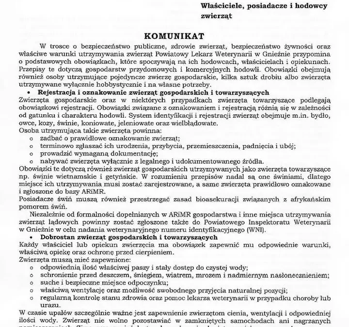 Powiatowy Lekarz Weterynarii w Gnieźnie przypomina o obowiązkach hodowców i właścicieli zwierząt