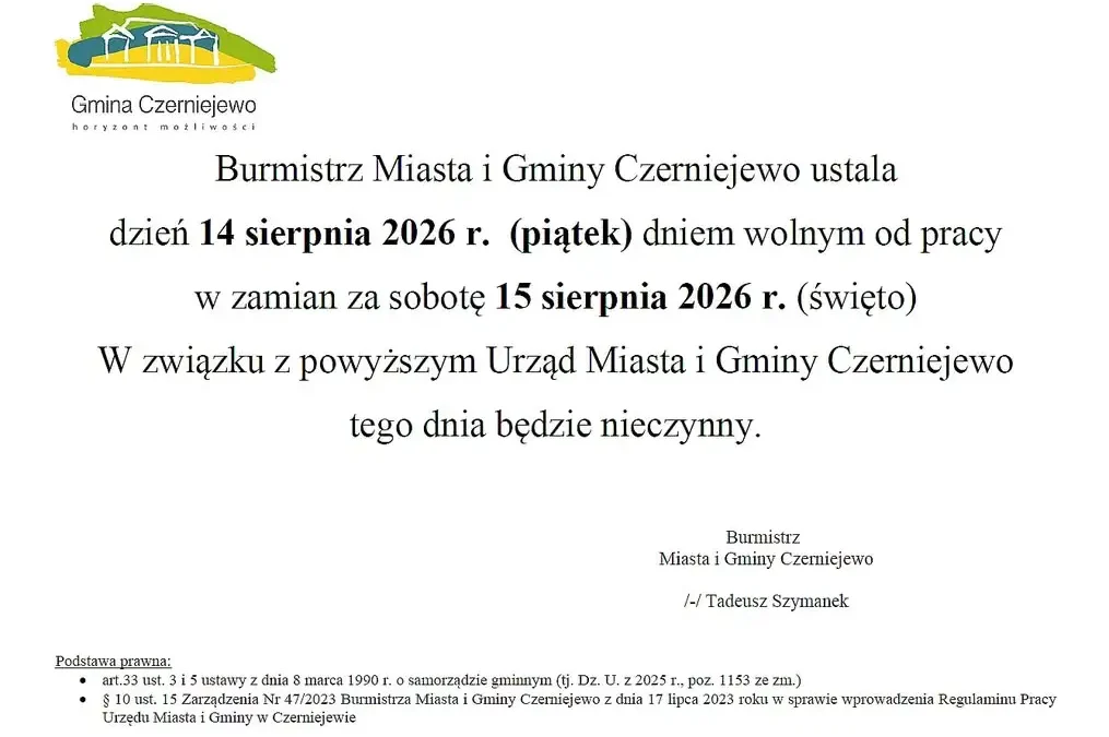 Urząd w Czerniejewie nieczynny 14 sierpnia 2026 – dzień wolny za święto