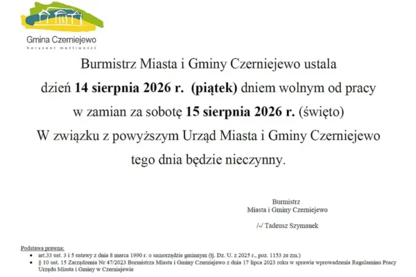 Urząd w Czerniejewie nieczynny 14 sierpnia 2026 – dzień wolny za święto