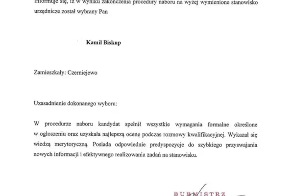 Wynik naboru na stanowisko urzędnicze w Czerniejewie