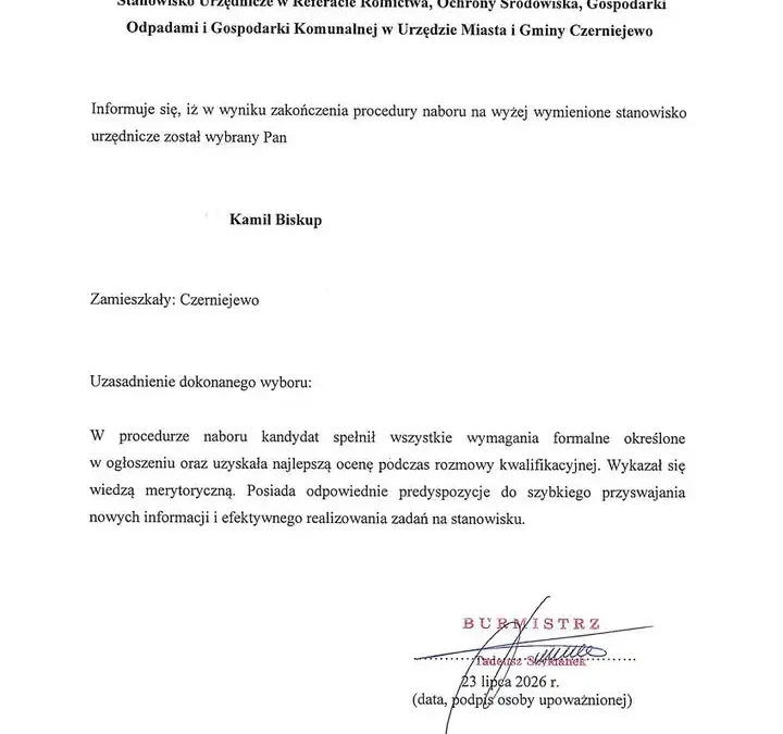 Wynik naboru na stanowisko urzędnicze w Czerniejewie