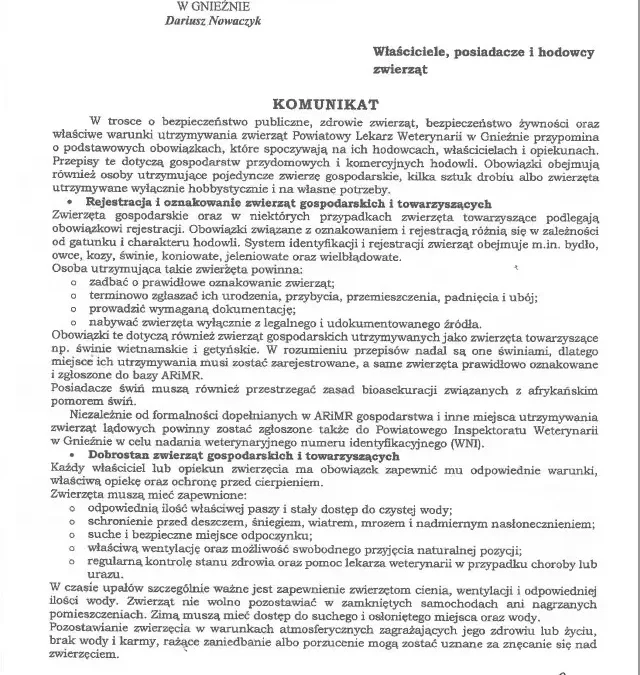Powiatowy Lekarz Weterynarii w Gnieźnie przypomina o obowiązkach hodowców