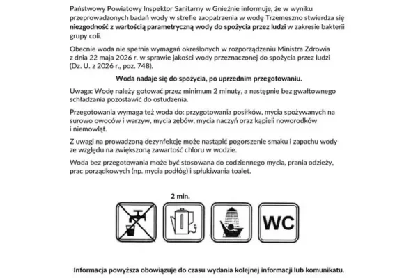 Jakość wody w Trzemesznie – wykryto bakterie coli, konieczne gotowanie