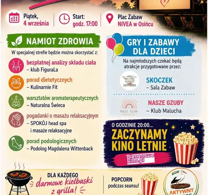 Wieczór filmowy i strefa zdrowia w Osińcu – sołectwo zaprasza 4 września