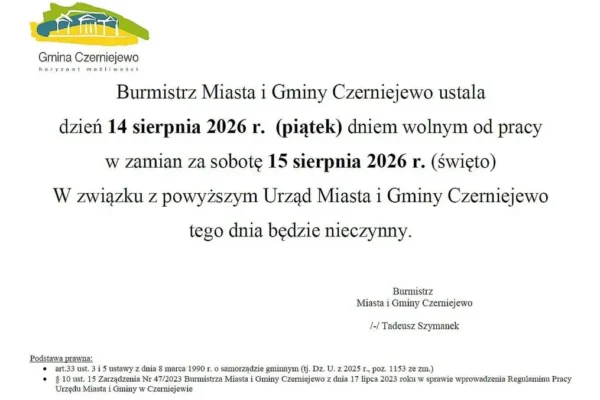 Urząd Miasta i Gminy Czerniejewo nieczynny 14 sierpnia – komunikat burmistrza