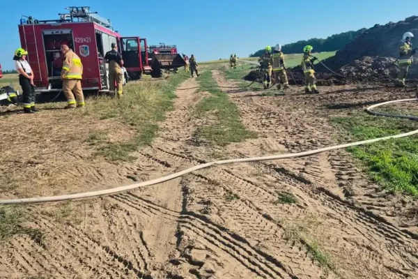 Pożar obornika w Dziadkówku – strażacy z trzech jednostek w akcji