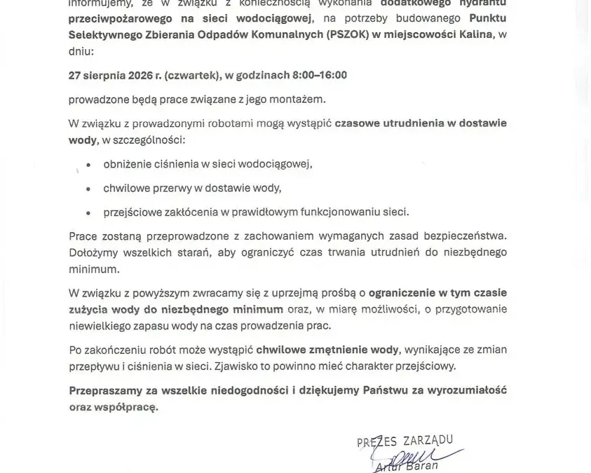 Utrudnienia w dostawie wody w Kalinie – montaż hydrantu przy PSZOK-u