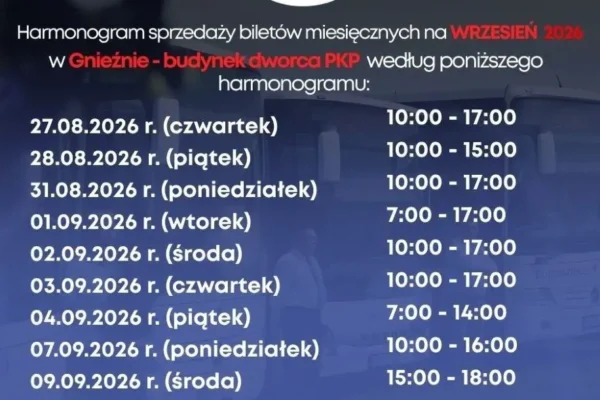 Sprzedaż biletów miesięcznych GPKS na wrzesień 2026 w Gnieźnie