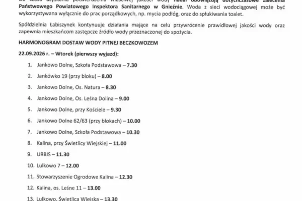 Gniezno: woda wciąż niezdatna do picia. Spółdzielnia Łabiszynek dowozi beczkowozem