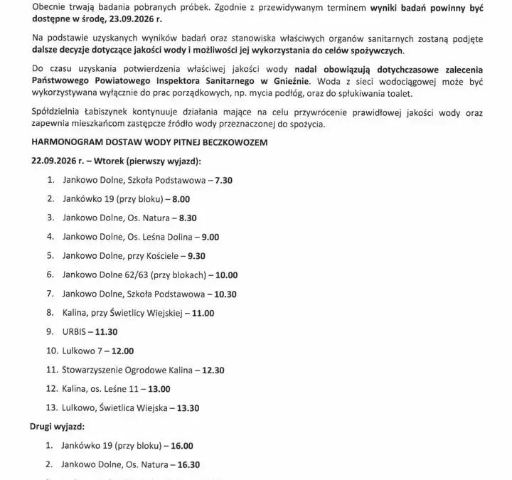 Gniezno: woda wciąż niezdatna do picia. Spółdzielnia Łabiszynek dowozi beczkowozem