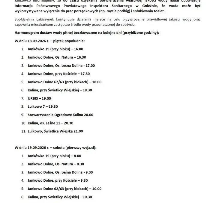 Gniezno: woda w strefie Jankówko nadal niezdatna do spożycia. Beczkowozy kursują przez weekend