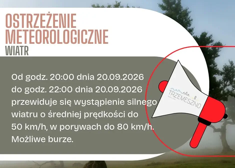 Ostrzeżenie IMGW: silny wiatr nad gminą Trzemeszno w niedzielny wieczór