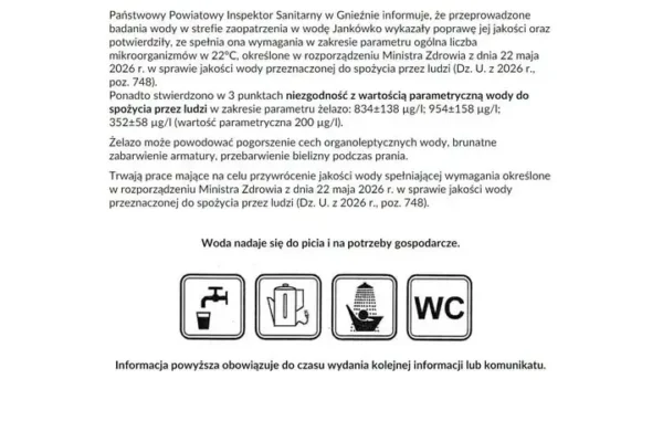 Gniezno: podwyższony poziom żelaza w wodzie z ujęcia w Jankówku