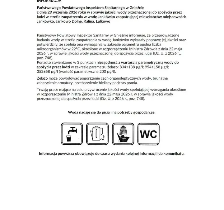 Gniezno: podwyższony poziom żelaza w wodzie z ujęcia w Jankówku