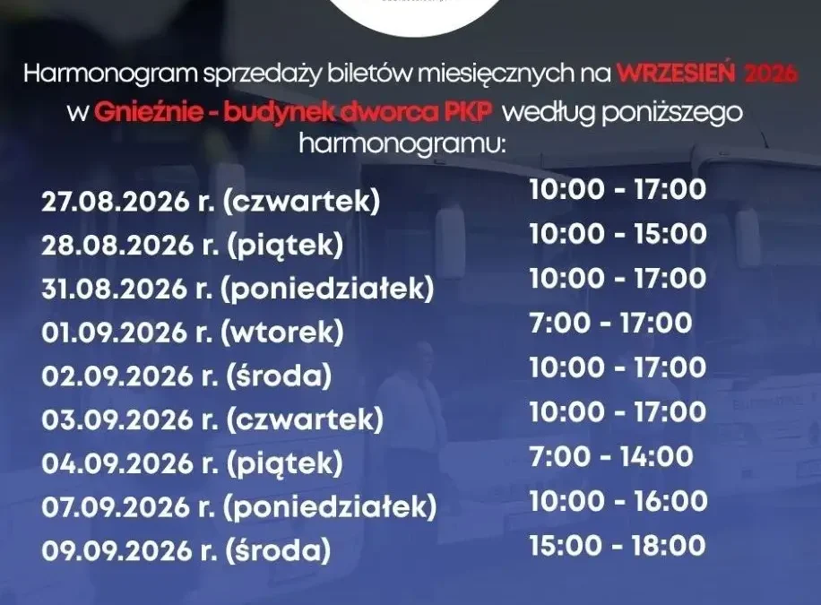 Sprzedaż biletów miesięcznych GPKS na wrzesień 2026 w Czerniejewie