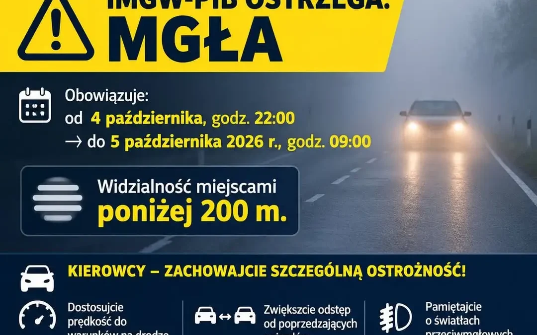Gęsta mgła nad Trzemesznem – IMGW ostrzega do poniedziałkowego poranka