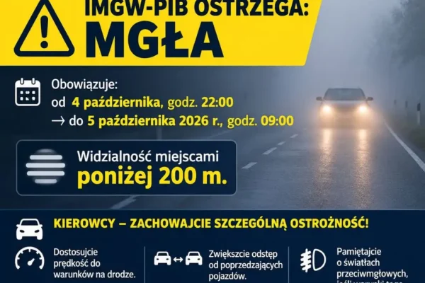 Gęsta mgła nad Trzemesznem – IMGW ostrzega do poniedziałkowego poranka