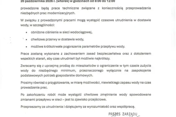 Utrudnienia w dostawie wody w gminie Gniezno – 20 października