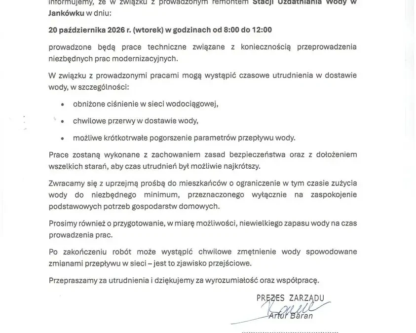 Utrudnienia w dostawie wody w gminie Gniezno – 20 października