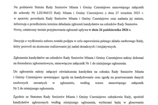 Czerniejewo: przedłużony nabór do Rady Seniorów – masz czas tylko do 26 października