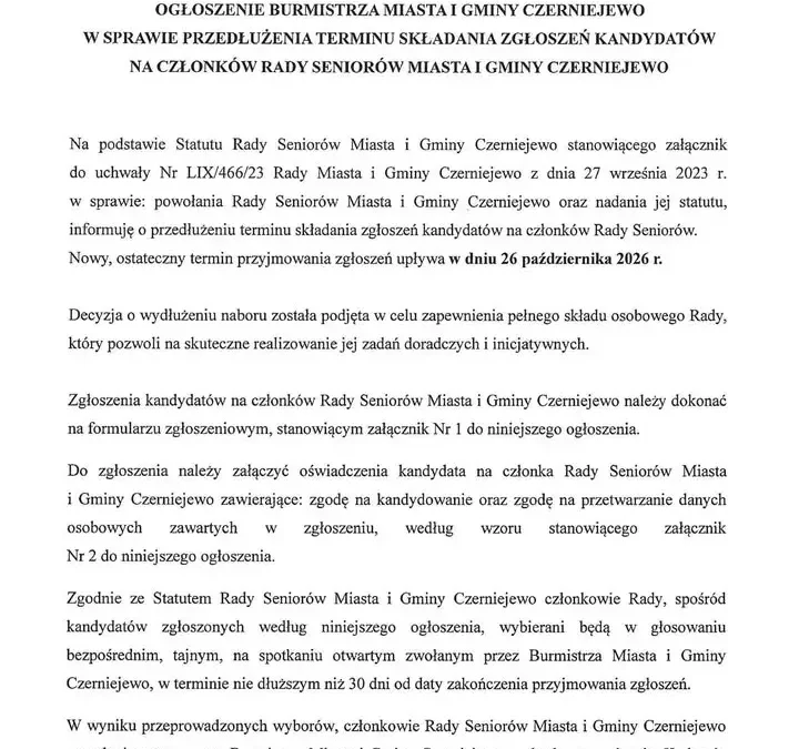 Czerniejewo: przedłużony nabór do Rady Seniorów – masz czas tylko do 26 października